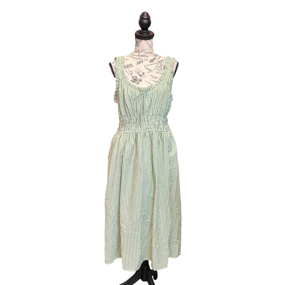 LC Lauren Conrad Green Gingham Smocked Midi Dress Womens Large Tie Front‎ Picnic